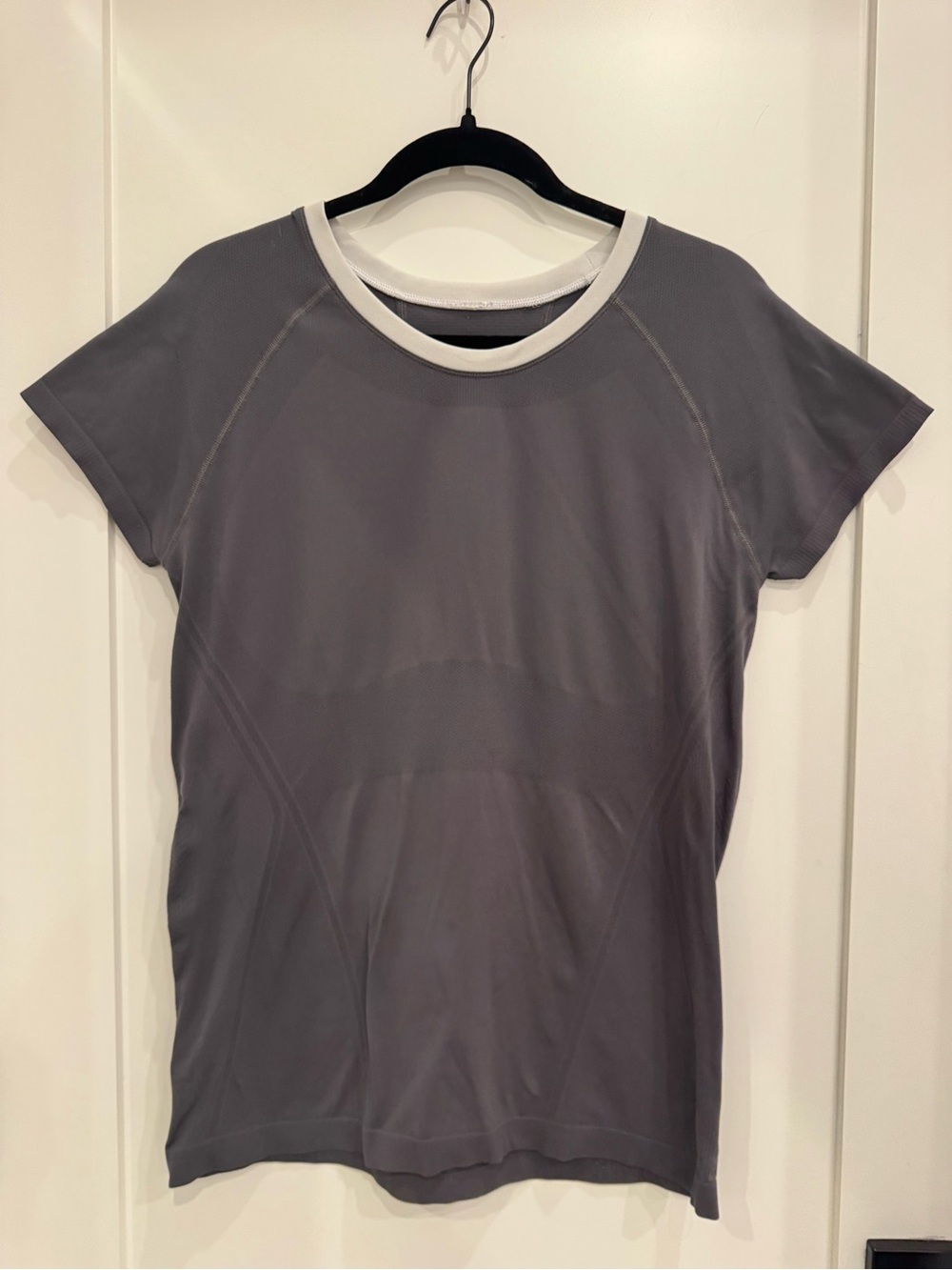 Athleta Gray/ Short-Sleeve Performance Tee with Cream Neck Trim
